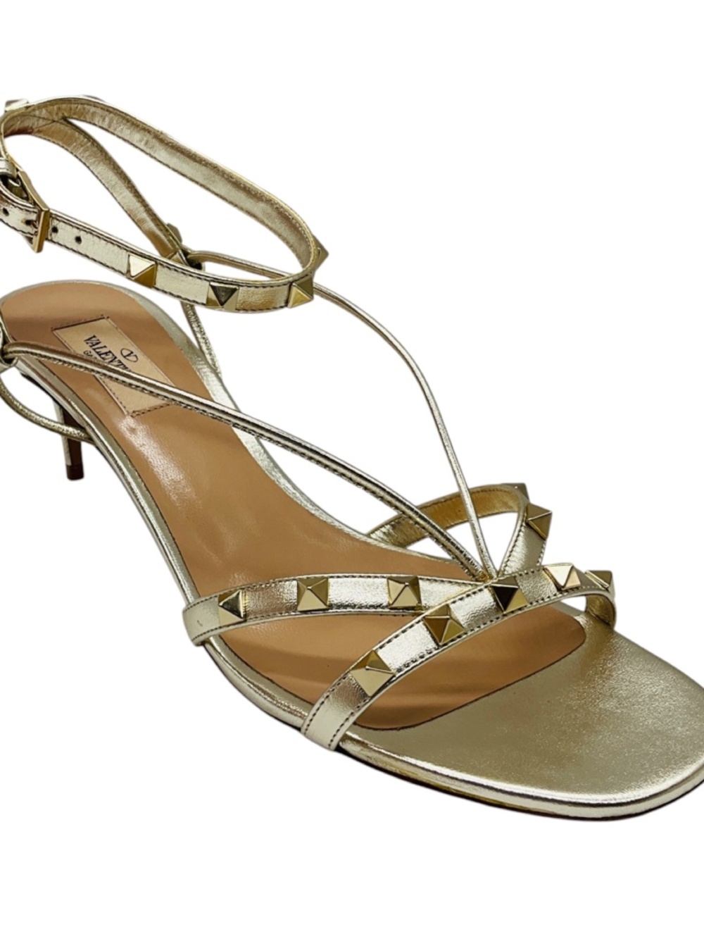 Valentino Gold Metallic Rockstud Leather Ankle Strap Sandals